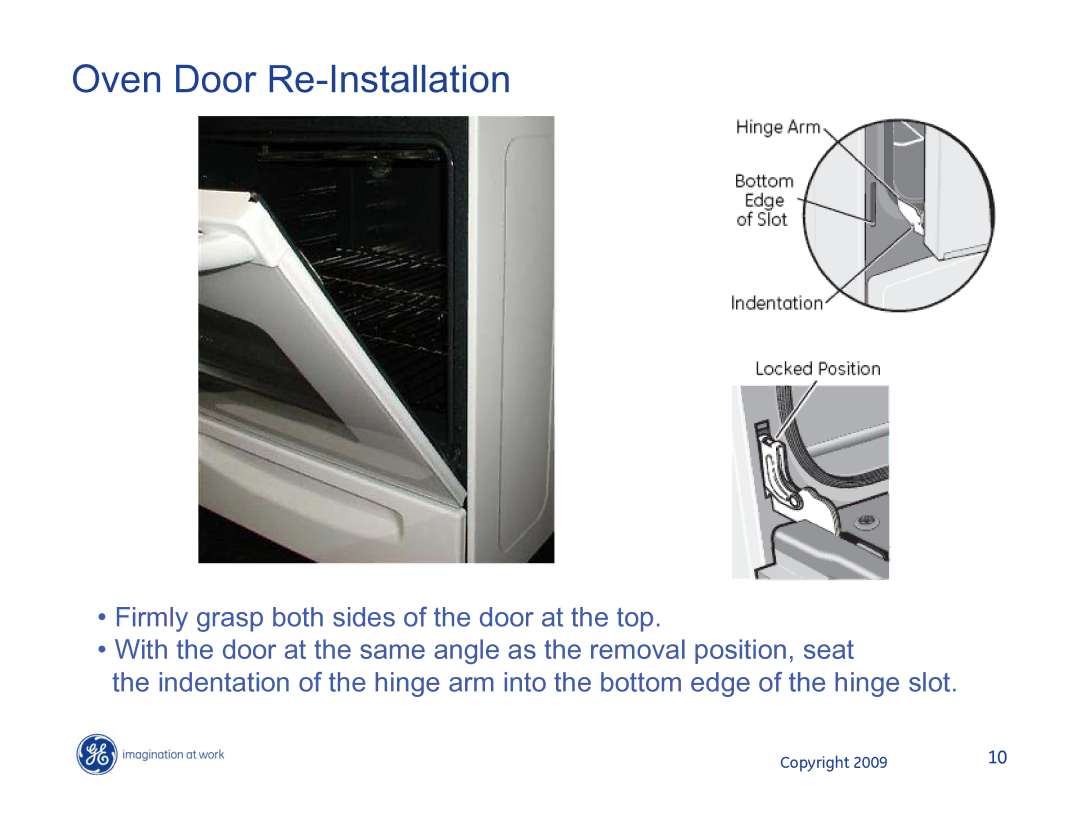 Hotpoint JB400SPSS, JB400DP1WW, JB400DP1BB manual Oven Door Re-Installation 