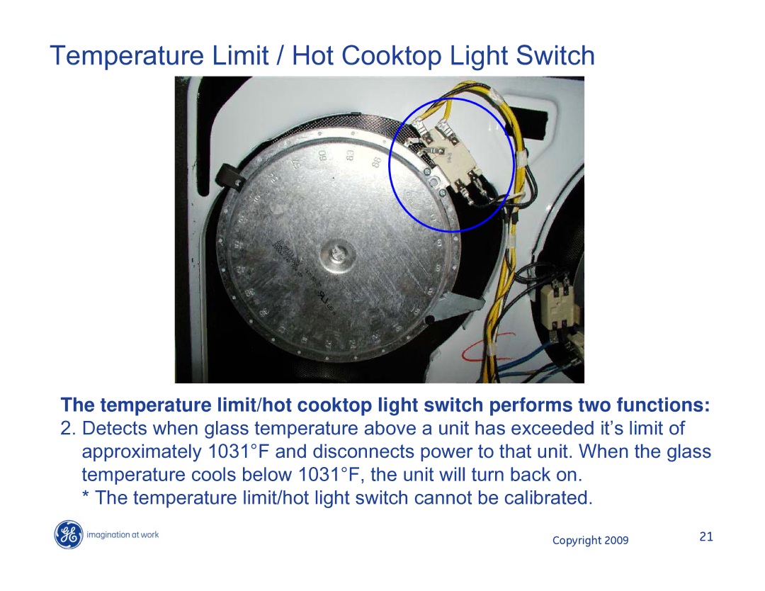 Hotpoint JB400DP1WW, JB400SPSS, JB400DP1BB manual Temperature Limit / Hot Cooktop Light Switch 