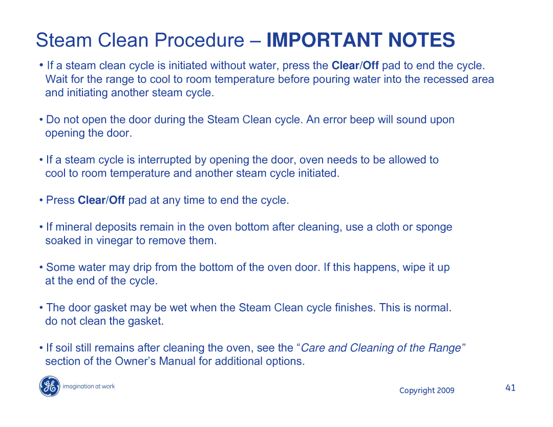 Hotpoint JB400DP1BB, JB400DP1WW, JB400SPSS manual Steam Clean Procedure Important Notes 