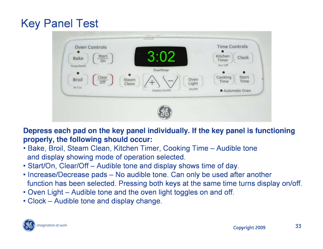 Hotpoint JB400DP1WW, JB400SPSS, JB400DP1BB manual Key Panel Test, 3:02, •Clock – Audible tone and display change 