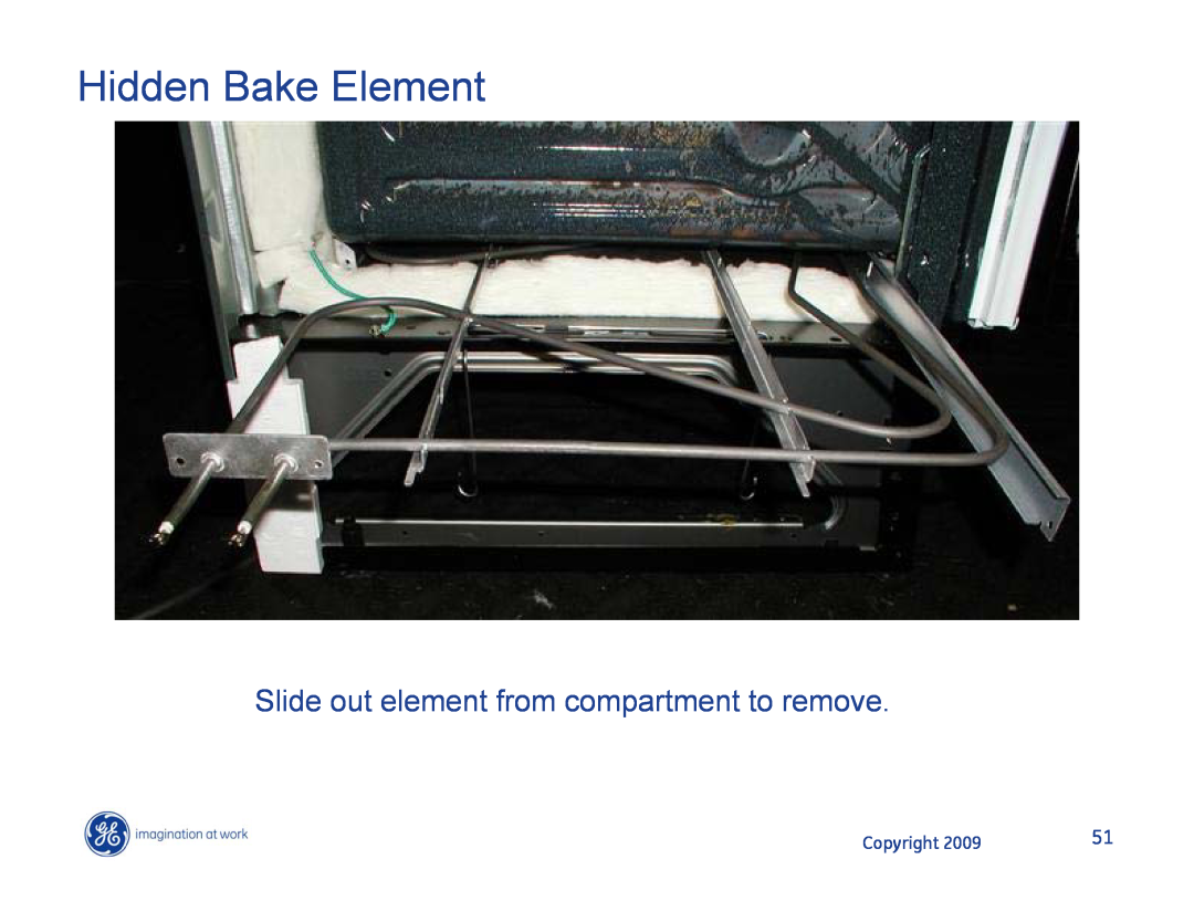 Hotpoint JB400DP1WW, JB400SPSS, JB400DP1BB Hidden Bake Element, Slide out element from compartment to remove, Copyright 