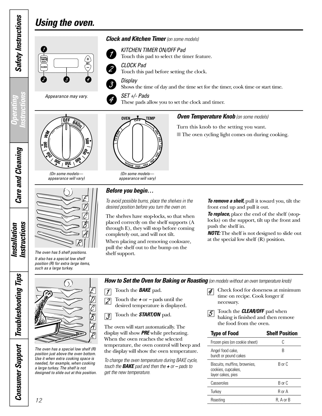 Hotpoint RB540, JBS56, JBS27, JBS07, JBP60 Using the oven, Support, Oven Temperature Knob on some models, Before you begin… 