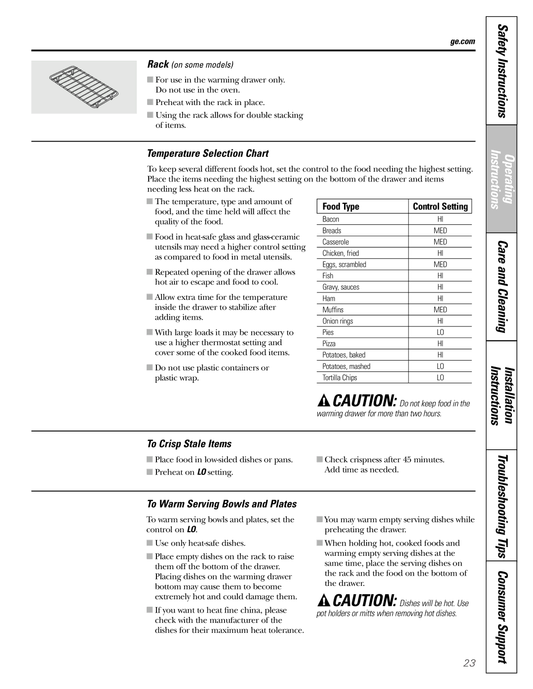 Hotpoint JB600, JBS56, JBS27, JBS07, JBP60, JBS03, JBP27 Temperature Selection Chart, To Crisp Stale Items, Rack on some models 