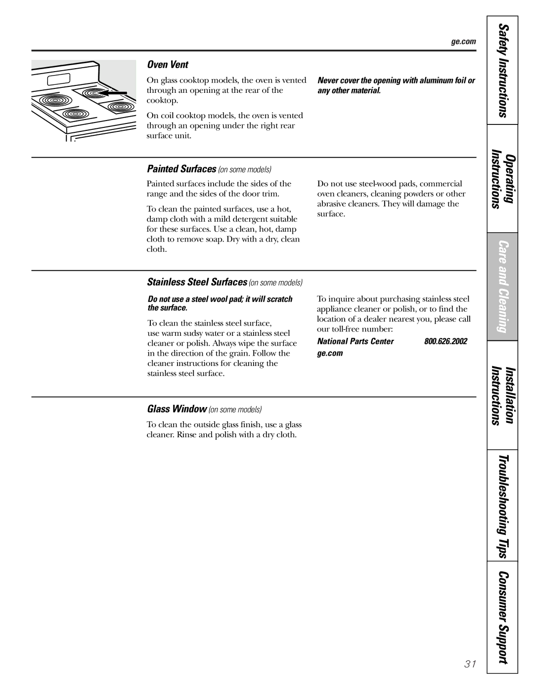 Hotpoint RB800 Oven Vent, Painted Surfaces on some models Safety Instructions, Stainless Steel Surfaces on some models 