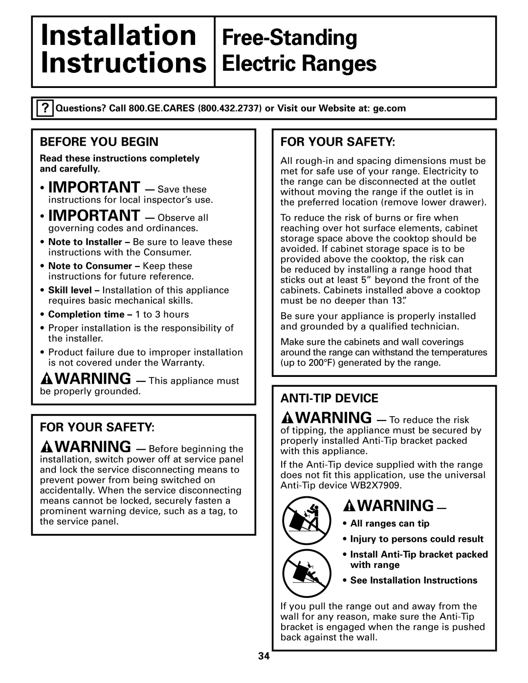 Hotpoint JBS07, JBS56 Before You Begin, For Your Safety, Anti-Tipdevice, Read these instructions completely and carefully 
