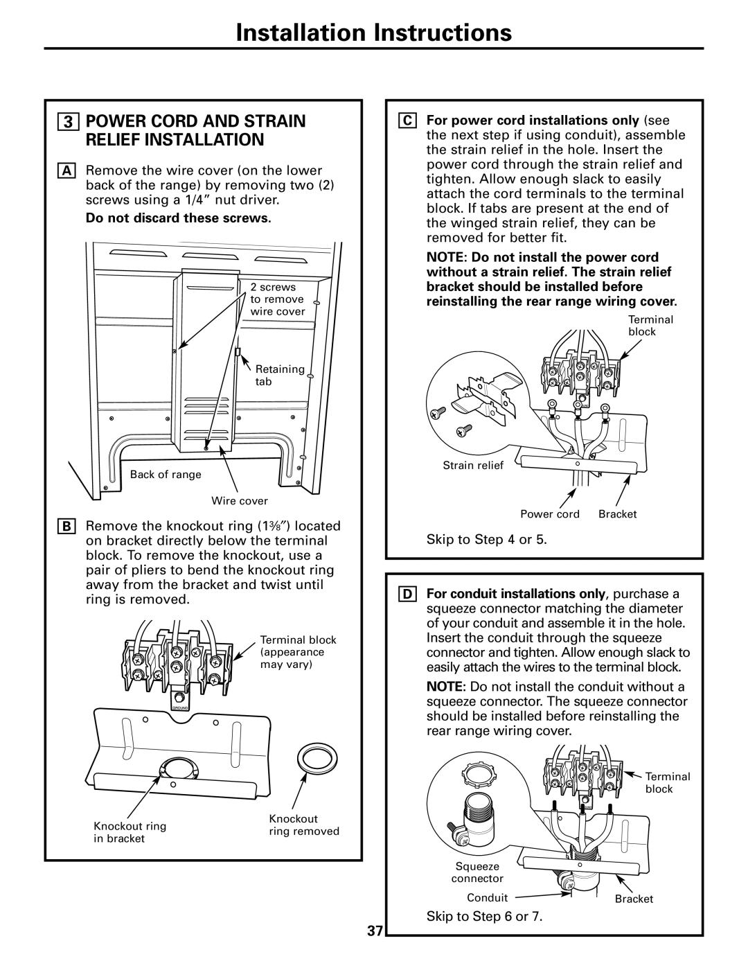 Hotpoint JBP27, JBS56 3POWER CORD AND STRAIN RELIEF INSTALLATION, Do not discard these screws, Installation Instructions 