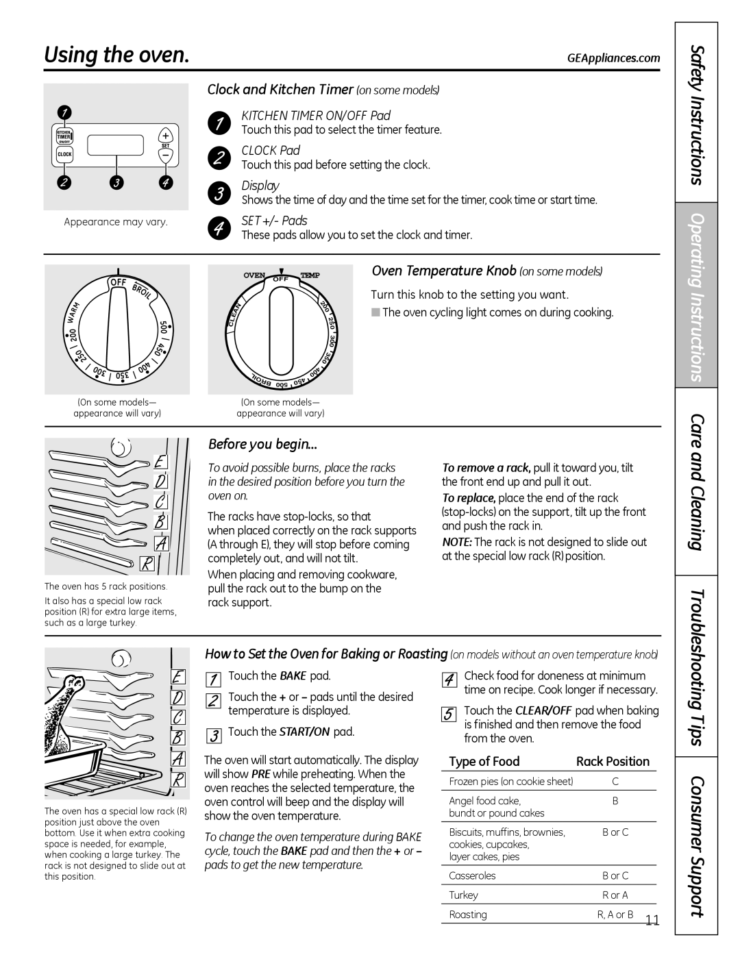 Hotpoint RB526 Using the oven, Cleaning, Clock and Kitchen Timer on some models, Oven Temperature Knob on some models 