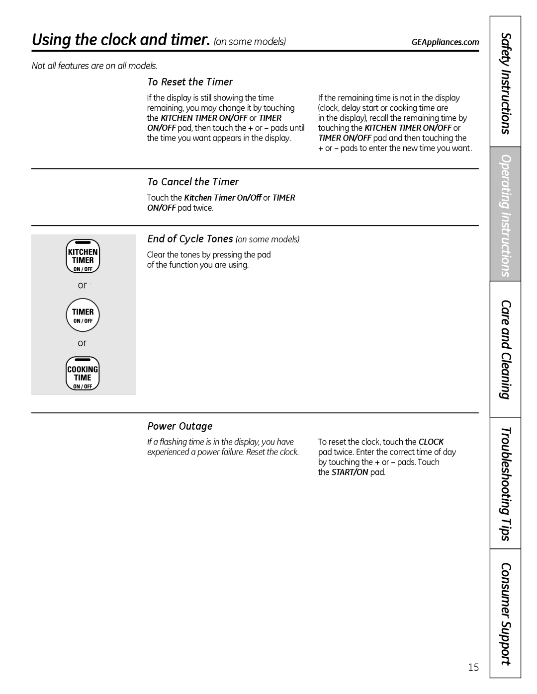 Hotpoint JBS27, JBS56, JBS07, JBP61 To Reset the Timer, To Cancel the Timer, End of Cycle Tones on some models, Power Outage 