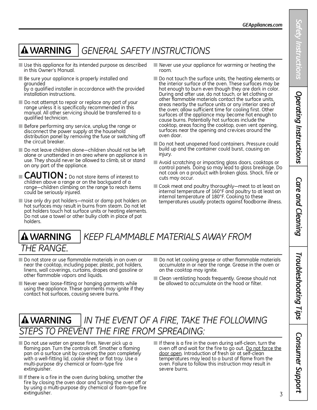 Hotpoint JBP61, JBS56, JBS27, JBS07, JBP60, JBS03 Operating Instructions Care and Cleaning, Consumer Support, GEAppliances.com 