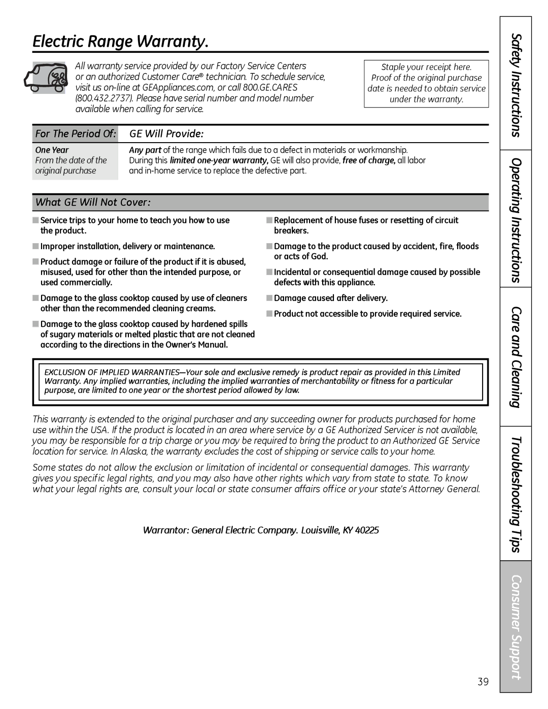 Hotpoint RB526 Electric Range Warranty, Safety Instructions Operating, GE Will Provide, What GE Will Not Cover, One Year 