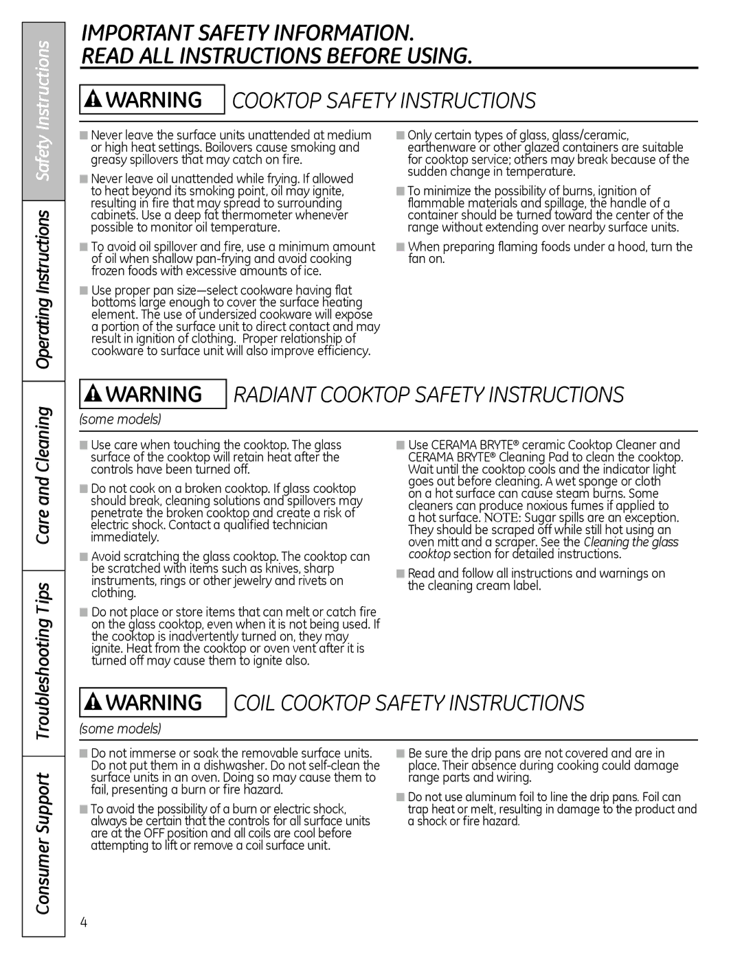 Hotpoint JBP60, JBS56, JBS27, JBS07, JBP61, JBS03 Operating Instructions Safety, Troubleshooting Tips Care and Cleaning 