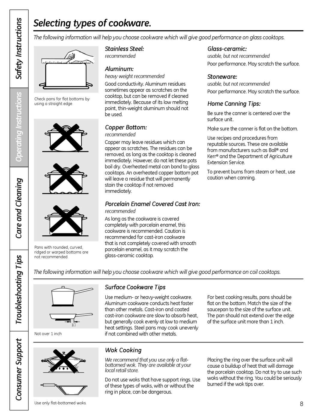 Hotpoint JBP15, JBS56, JBS27, JBS07, JBP61 Selecting types of cookware, Tips Care and Cleaning Operating Instructions Safety 