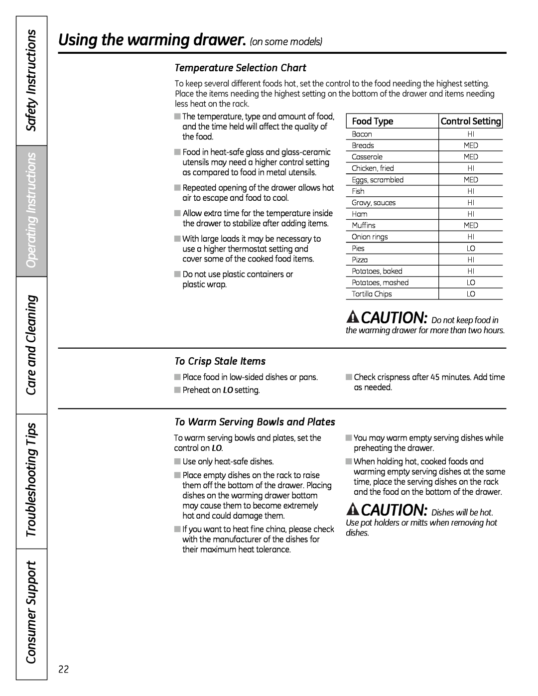 Hotpoint JBP15 Consumer Support Troubleshooting Tips, Care and Cleaning, Temperature Selection Chart, To Crisp Stale Items 