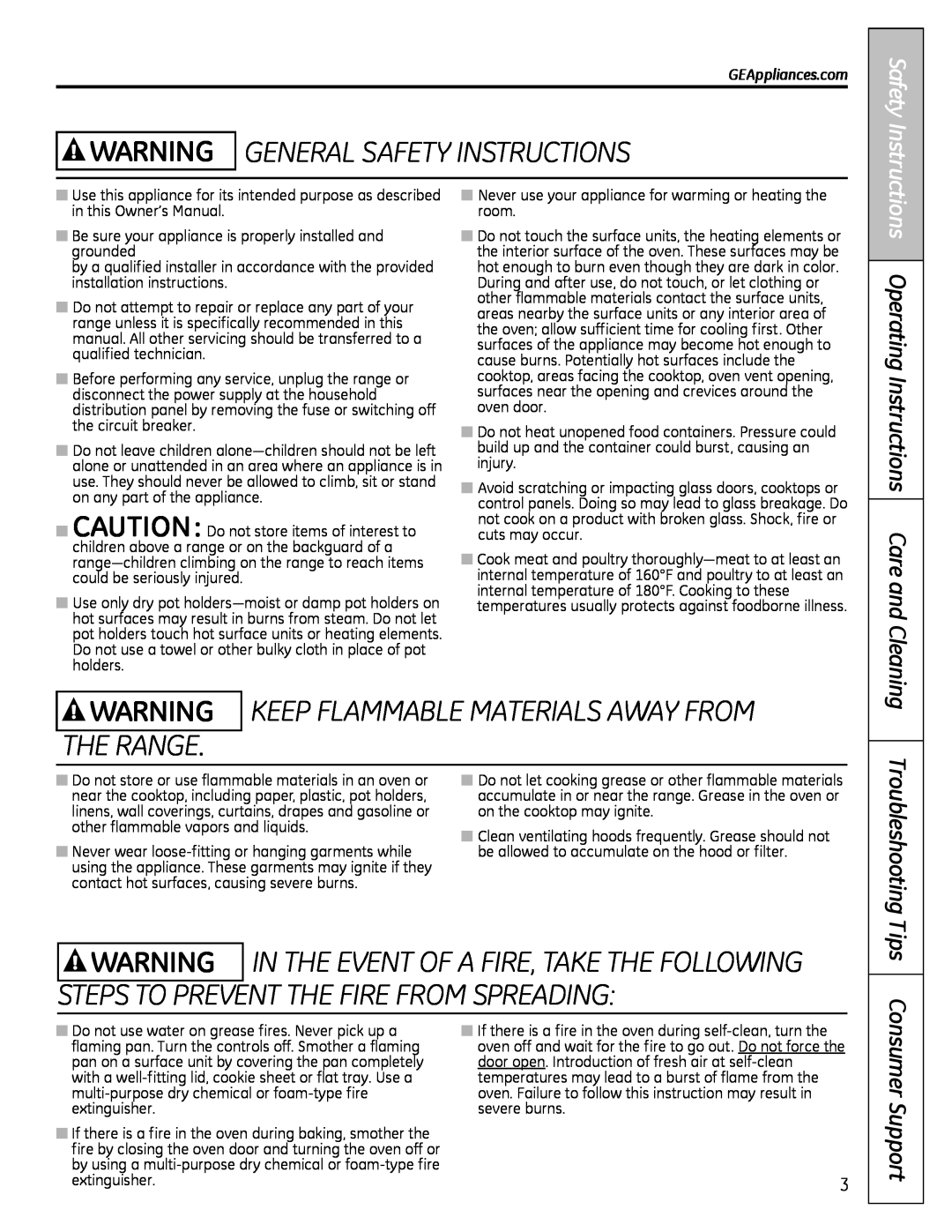 Hotpoint JBP61 WARNING GENERAl SAFETY INSTRuCTIONS, WARNING kEEP FlAMMABlE MATERIAlS AWAY FROM ThE RANGE, Consumer Support 