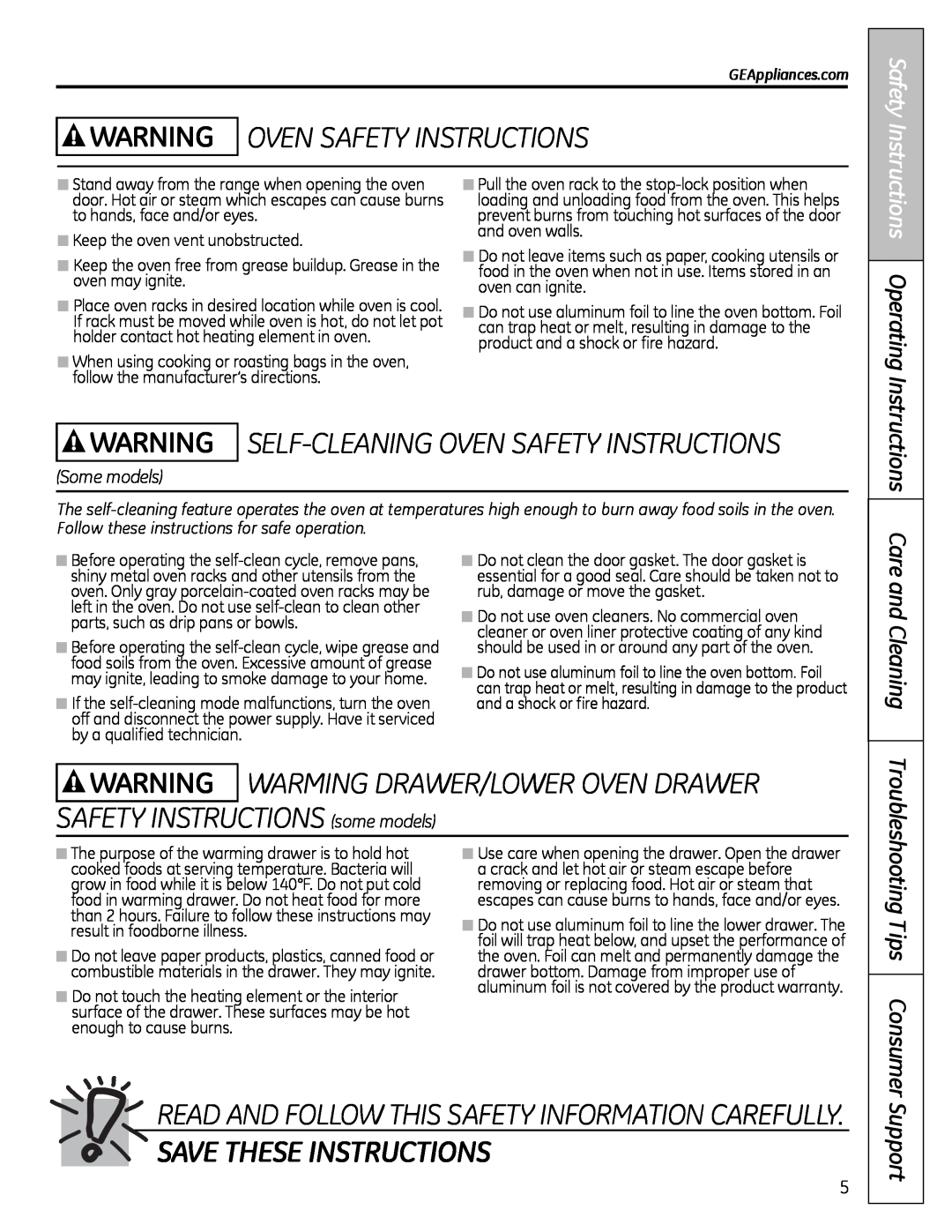 Hotpoint JBS03 WARNING OVEN SAFETY INSTRuCTIONS, WARNING SElF-ClEANING OVEN SAFETY INSTRuCTIONS, Save These Instructions 