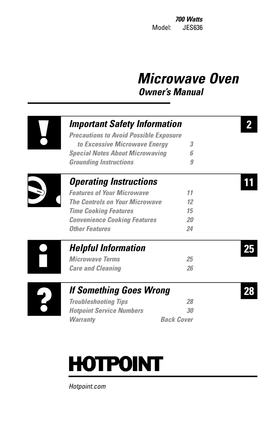 Hotpoint JES636 owner manual Microwave Oven, Watts 