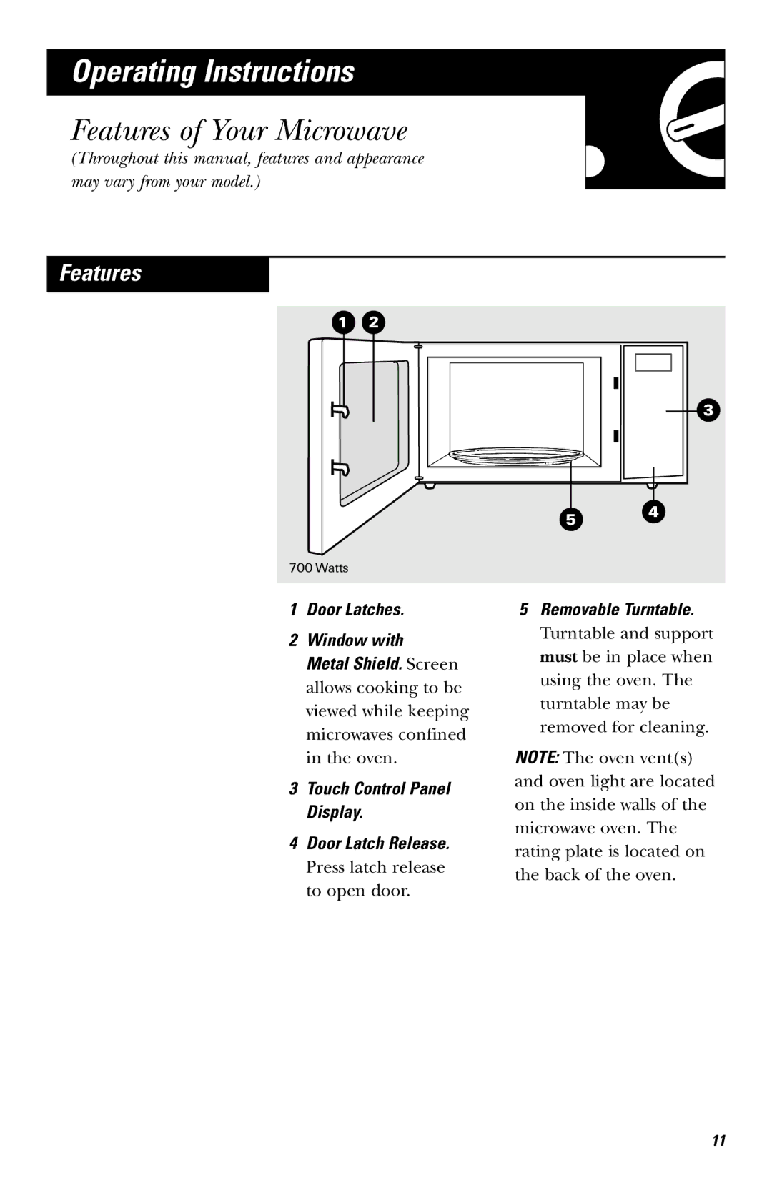 Hotpoint JES636 owner manual Operating Instructions, Features of Your Microwave, Removable Turntable 