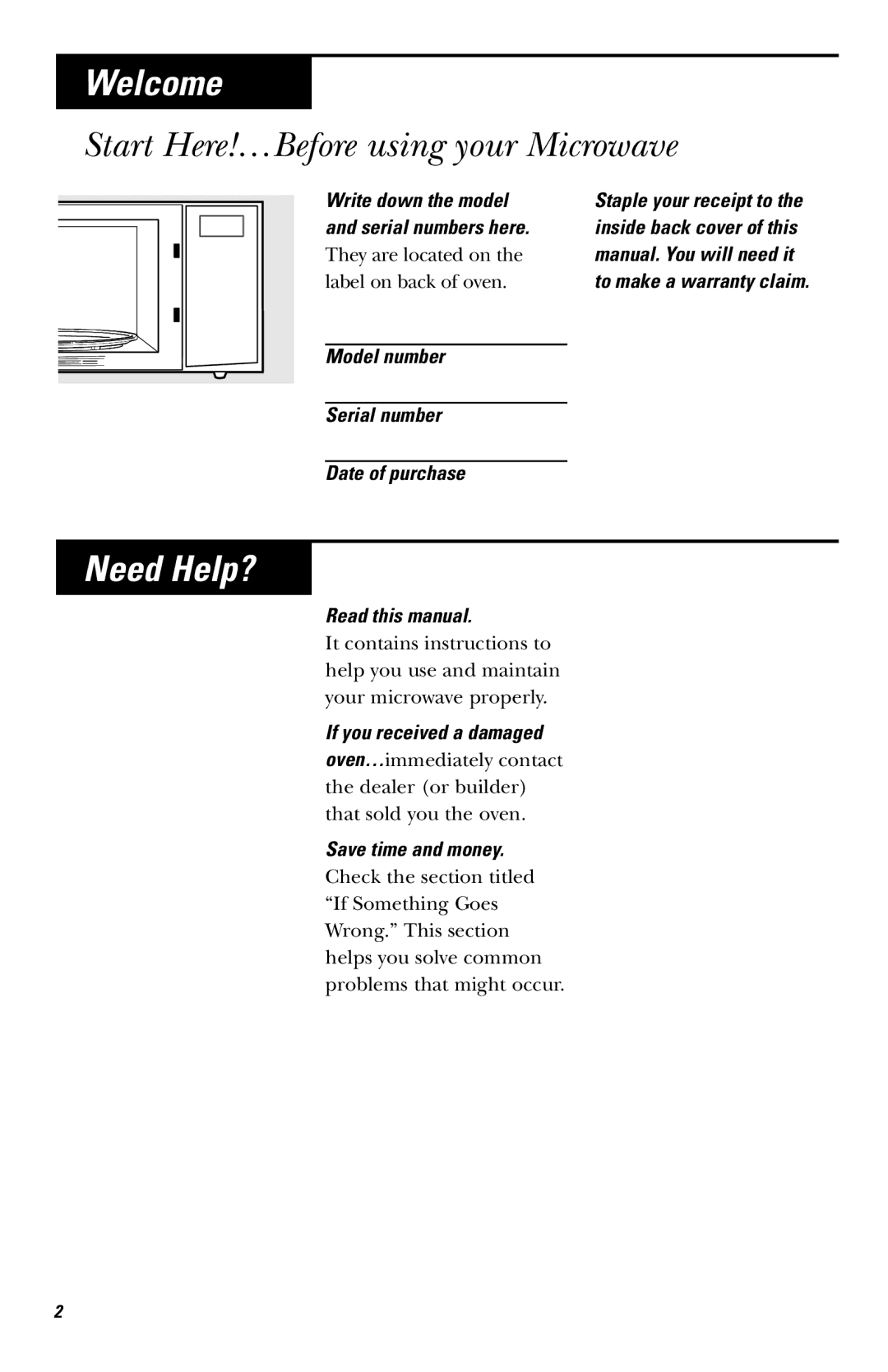 Hotpoint JES636 owner manual Welcome, Start Here!…Before using your Microwave, Need Help? 