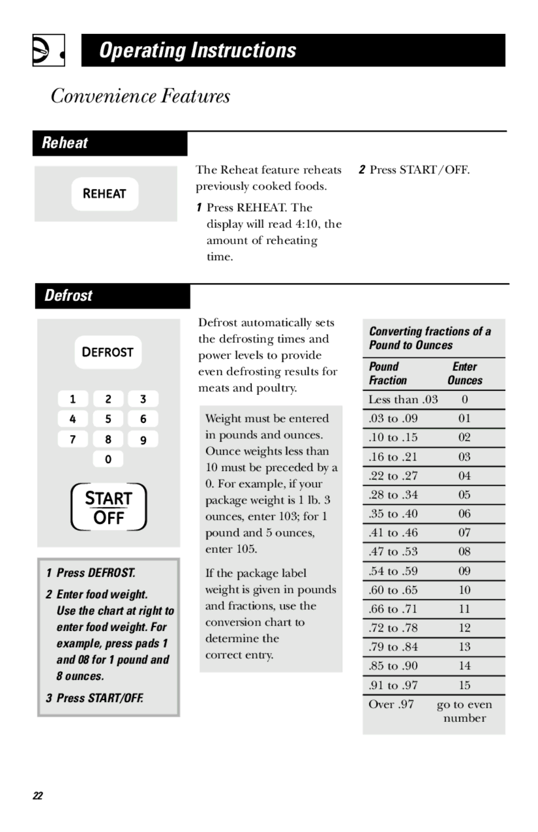 Hotpoint JES636 Reheat, Press Defrost Enter food weight, Converting fractions of a Pound to Ounces, Fraction 