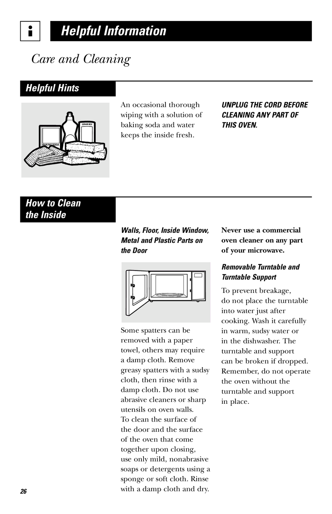 Hotpoint JES636 owner manual Care and Cleaning, Helpful Hints, Removable Turntable and Turntable Support 