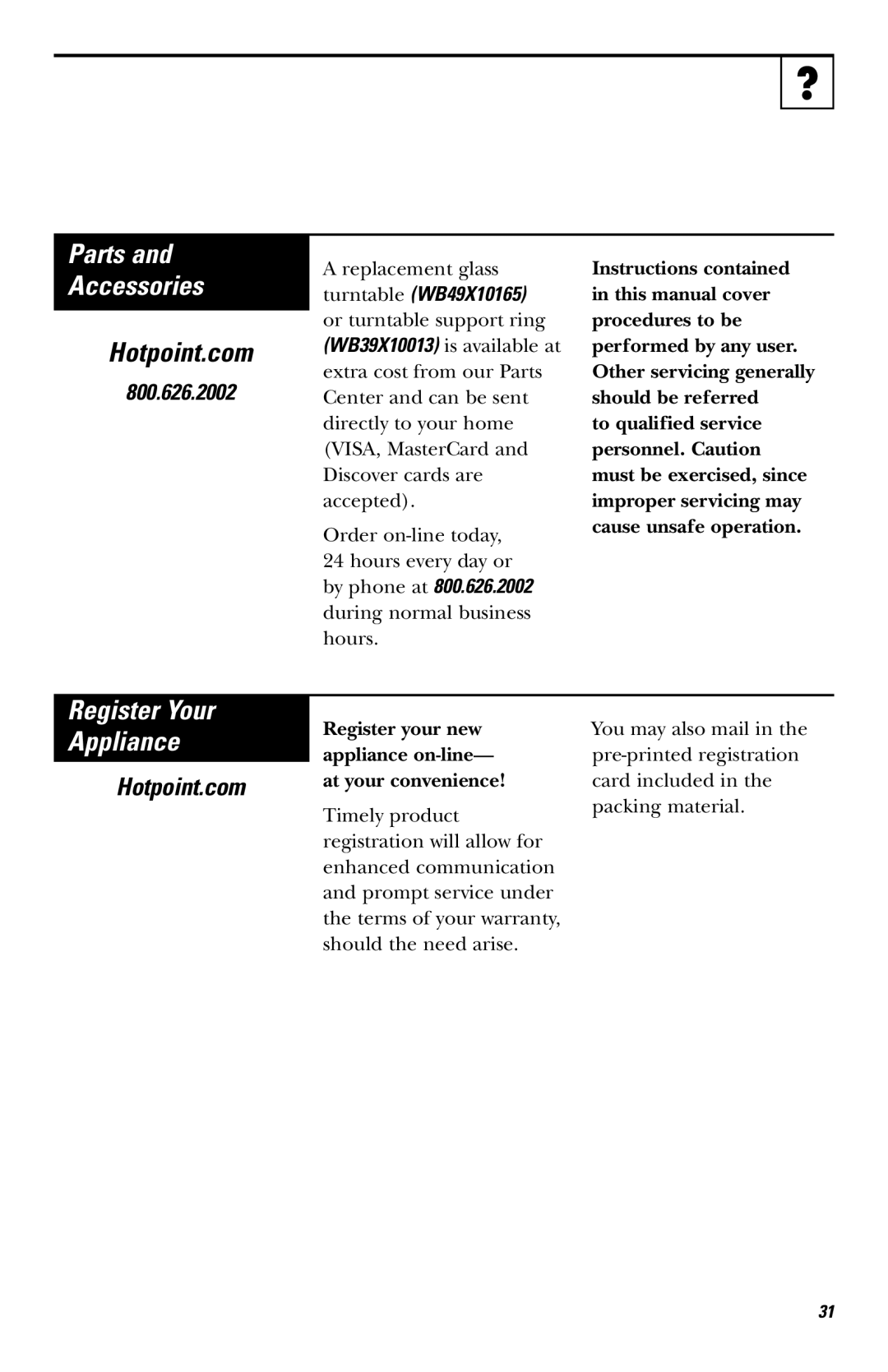 Hotpoint JES636 owner manual Parts Accessories, 800.626.2002 