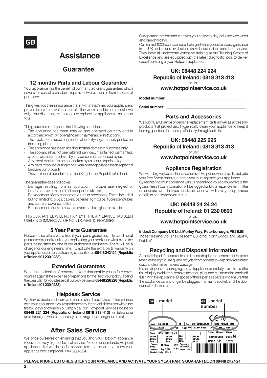 Hotpoint JFUFLxxxxx O3, FFL xxxx x O3 operating instructions Assistance 