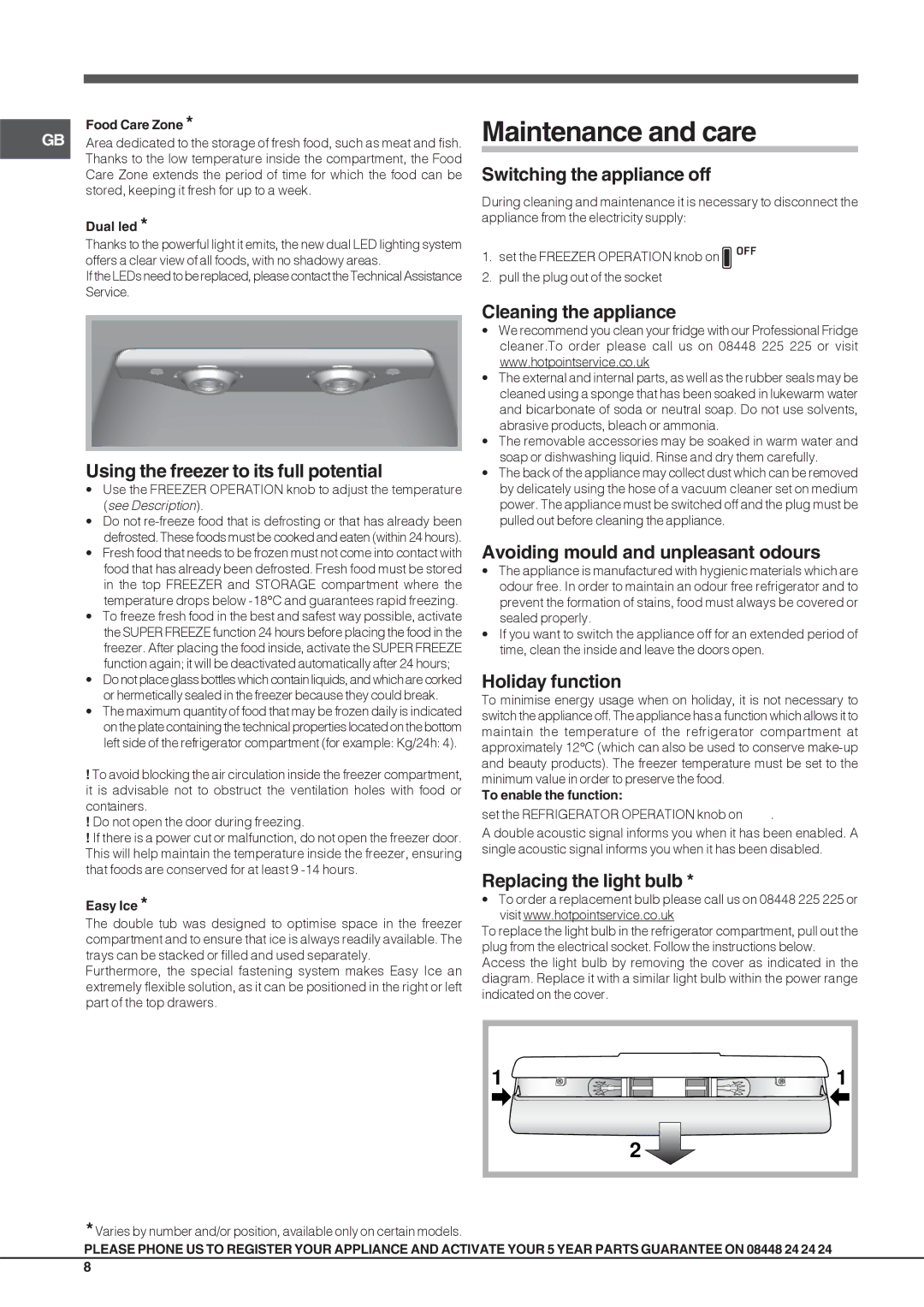 Hotpoint JFUFLxxxxx O3, FFL xxxx x O3 operating instructions Maintenance and care 