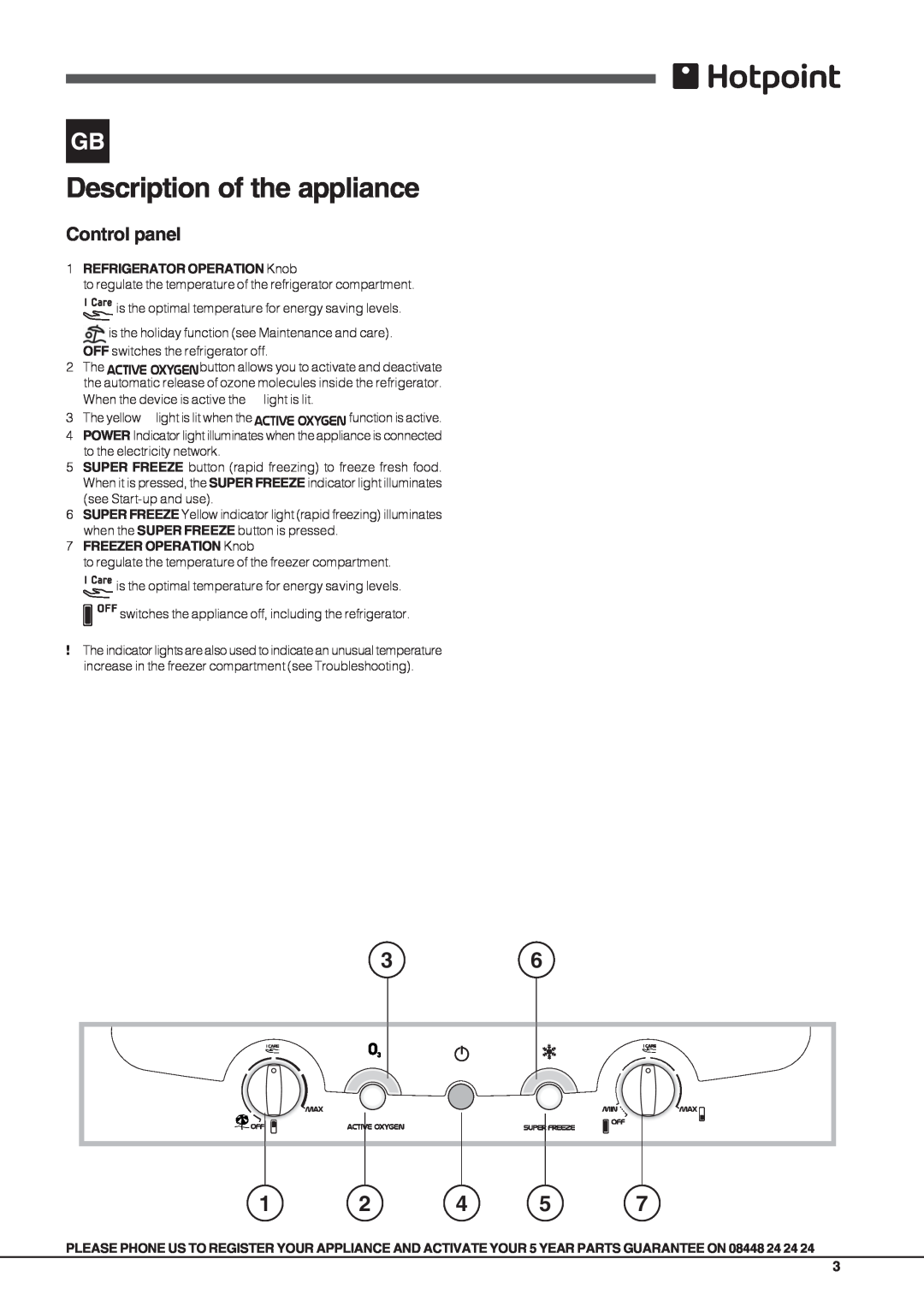 Hotpoint FFL xxxx x O3 Description of the appliance, Control panel, REFRIGERATOR OPERATION Knob, FREEZER OPERATION Knob 