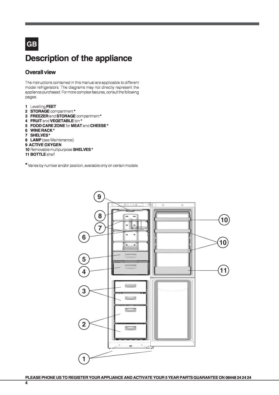 Hotpoint JFUFLxxxxx O3 Description of the appliance, FREEZER and STORAGE compartment 4 FRUIT and VEGETABLE bin 