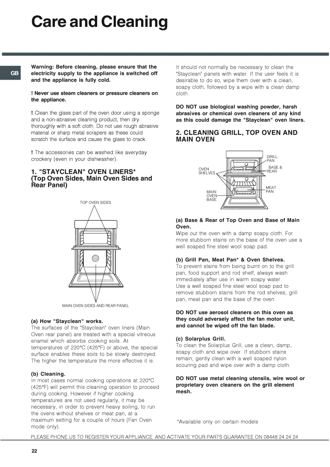 Hotpoint KSD 99 CX S Care and Cleaning, Base & Rear of Top Oven and Base of Main Oven, Grill Pan, Meat Pan* & Oven Shelves 