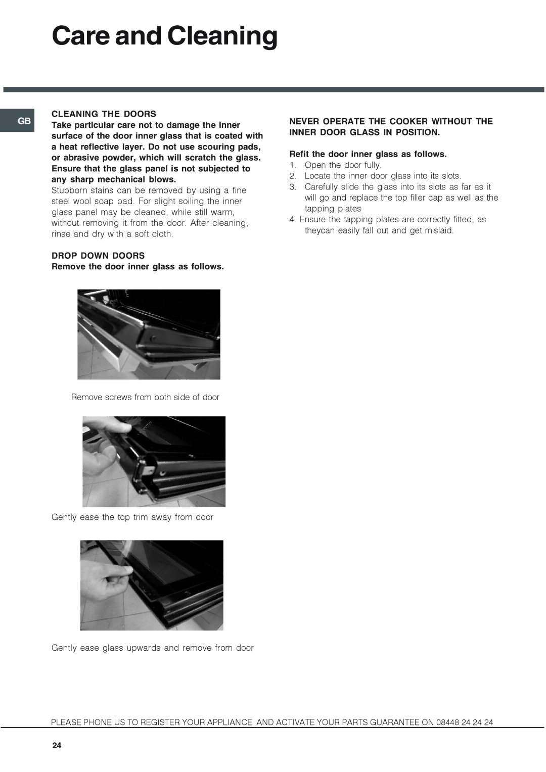 Hotpoint KSD 99 CX S manual Cleaning the Doors, Drop Down Doors, Remove the door inner glass as follows 