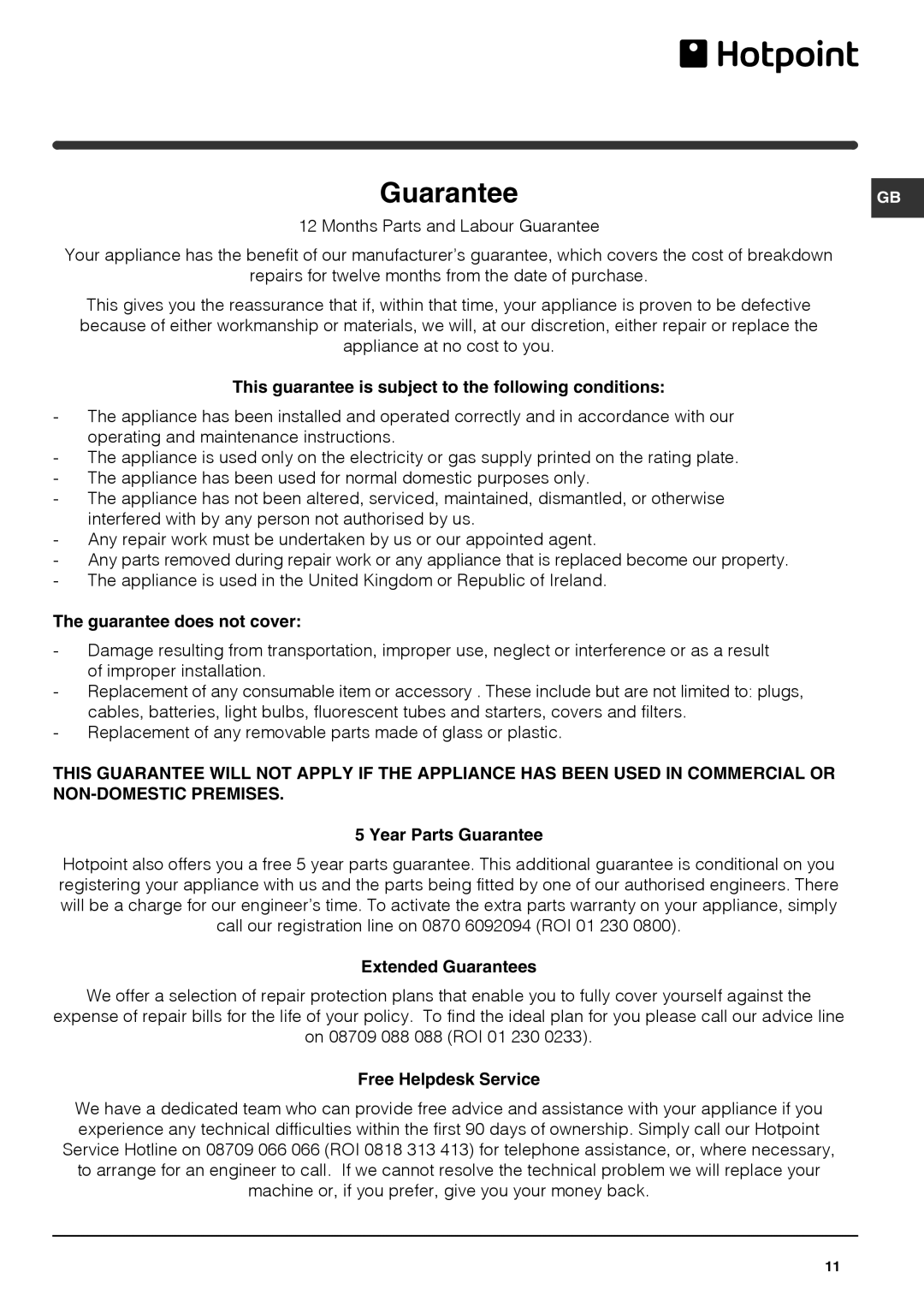 Hotpoint HS1621, KSF1622 operating instructions Guarantee 