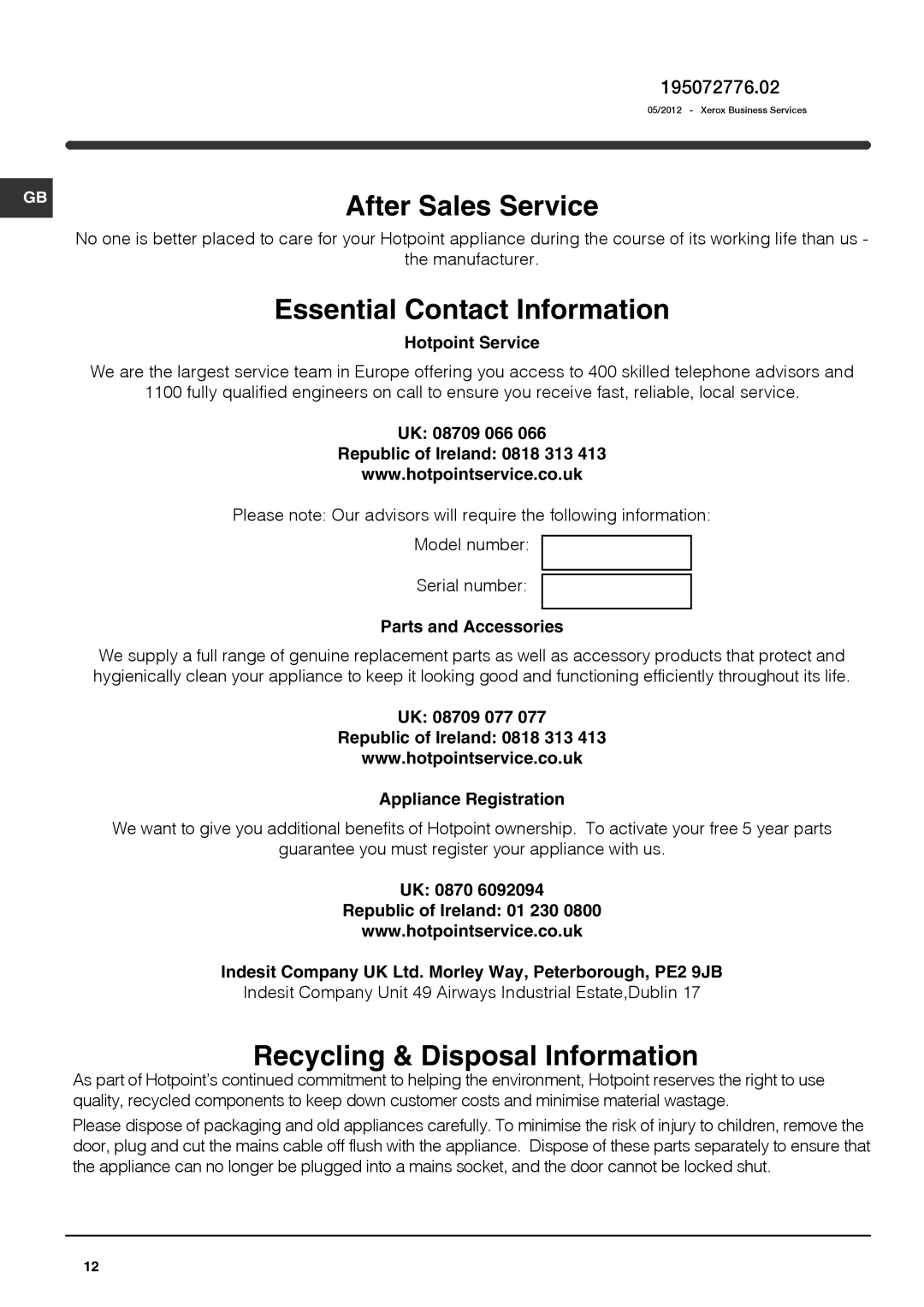 Hotpoint KSF1622, HS1621 operating instructions After Sales Service, Hotpoint Service 