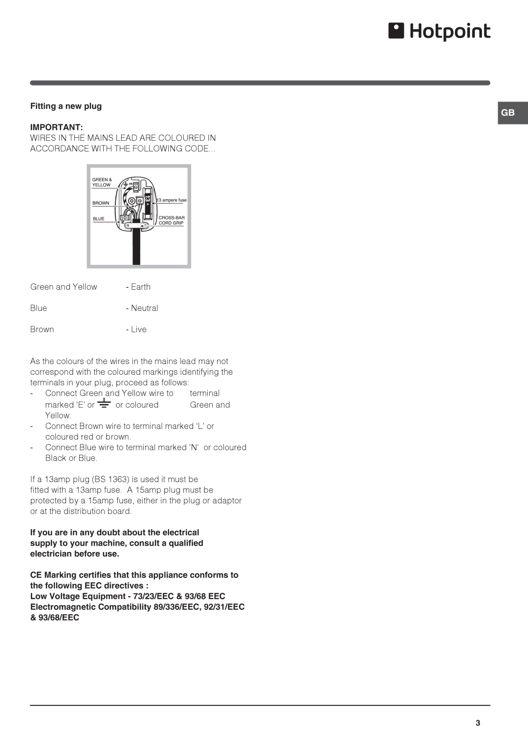 Hotpoint HS1621, KSF1622 operating instructions Fitting a new plug, Green and Yellow Earth Blue Neutral Brown Live 