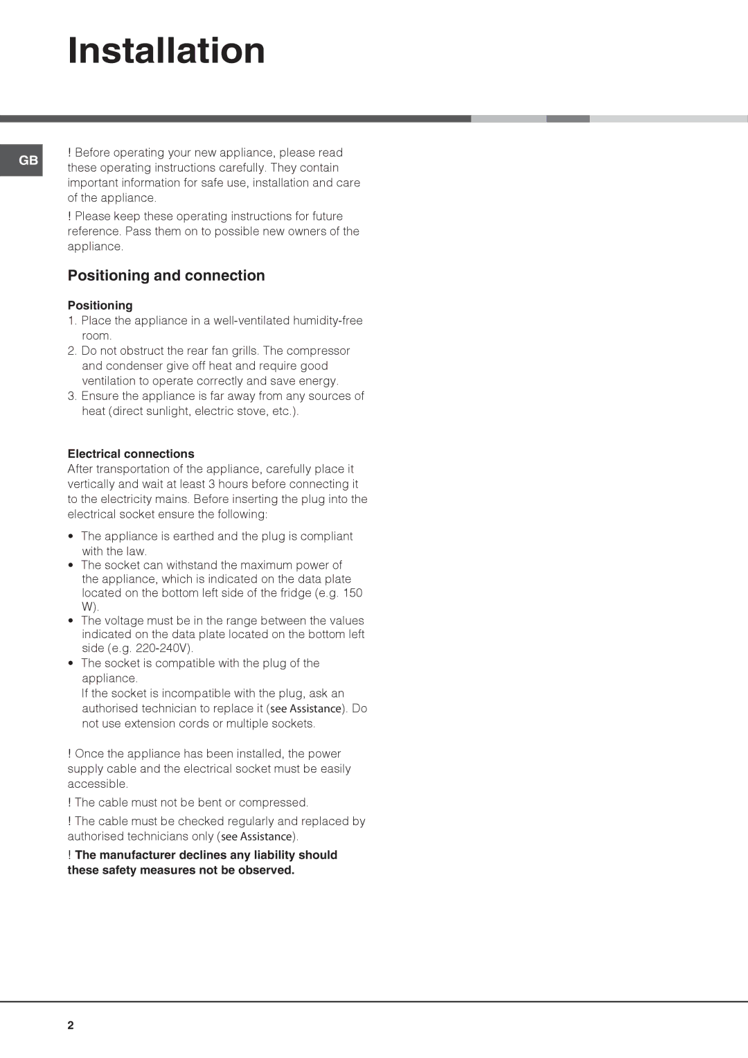 Hotpoint KSF3022VL, HS3022VL manual Installation, Positioning and connection, Electrical connections 