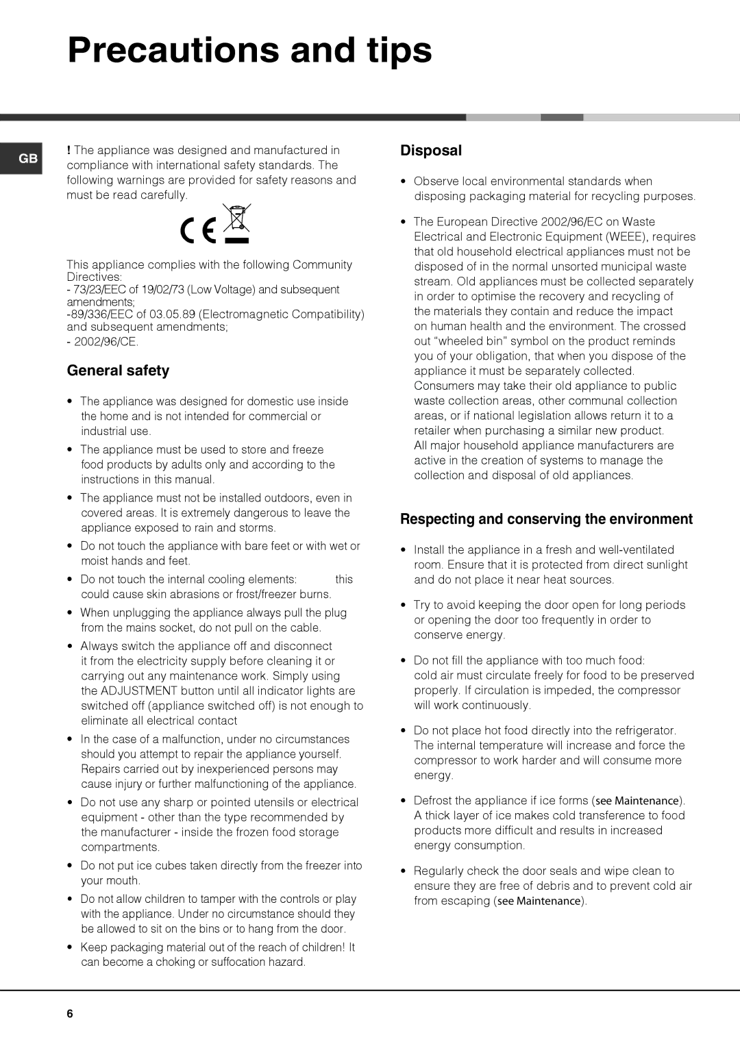 Hotpoint KSF3022VL, HS3022VL Precautions and tips, General safety, Disposal, Respecting and conserving the environment 