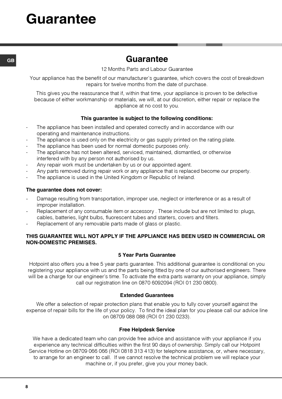 Hotpoint KSF3022VL, HS3022VL manual Guarantee 