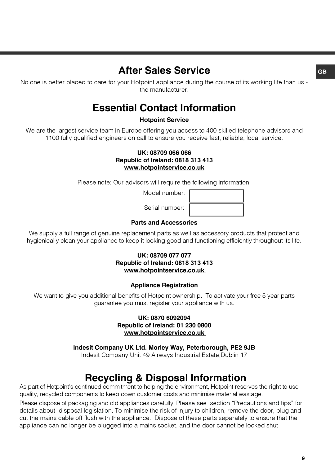 Hotpoint HS3022VL, KSF3022VL manual After Sales Service 