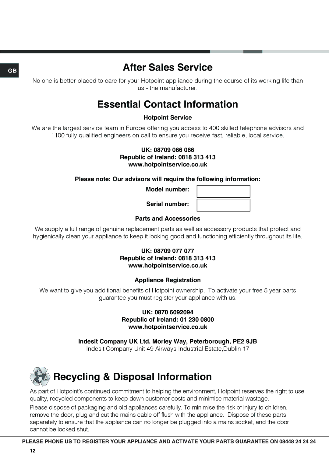 Hotpoint KSG641X, GF640K, GF640X, GF640W, GF641X specifications After Sales Service 