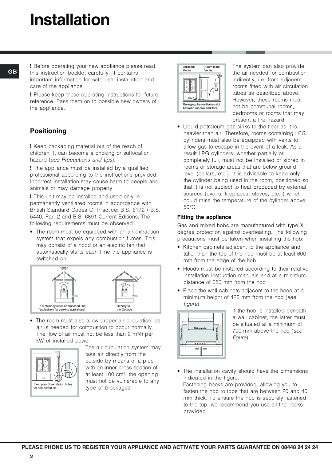 Hotpoint GF640X, KSG641X, GF640K, GF640W, GF641X specifications Installation, Positioning, Fitting the appliance 