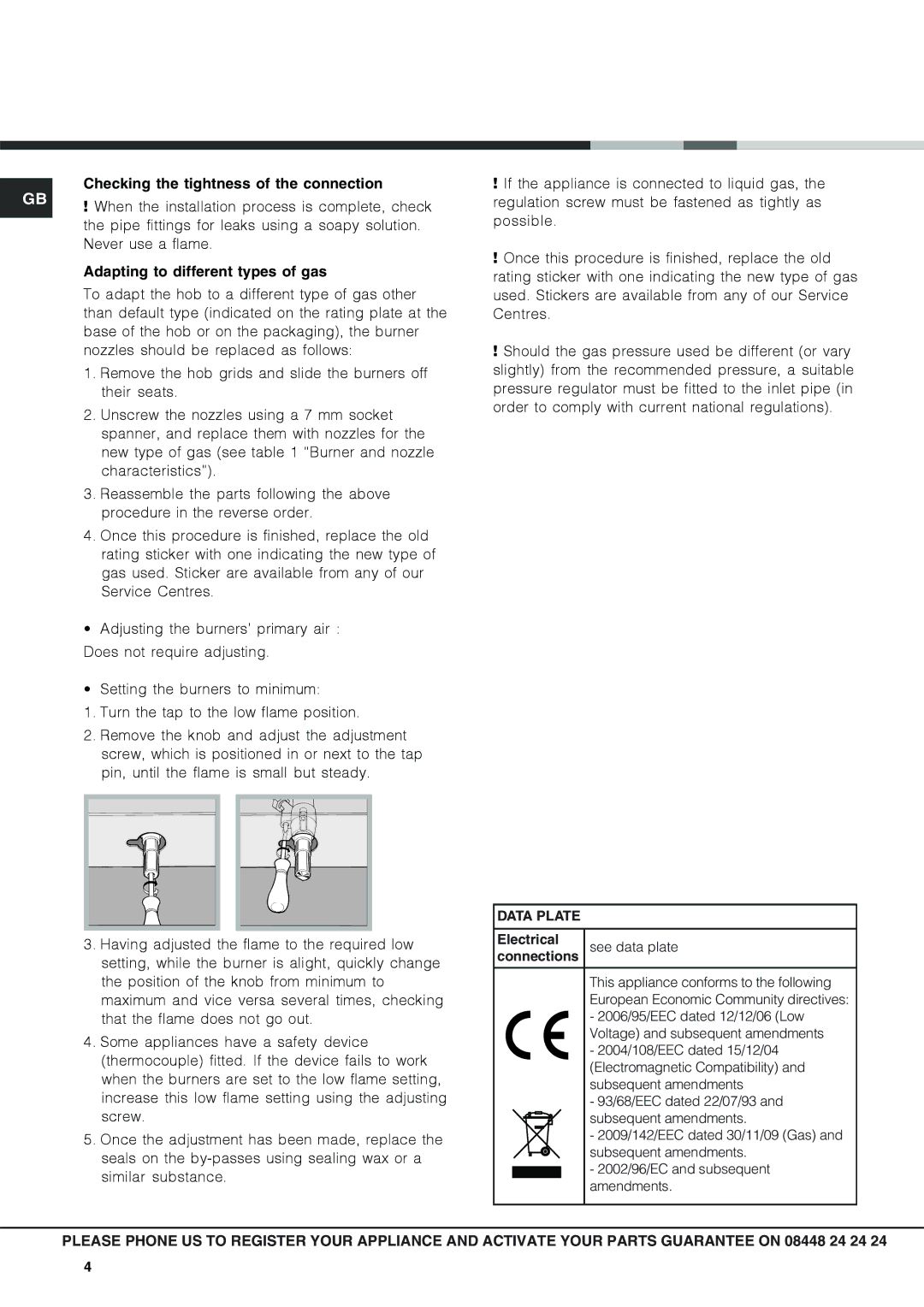 Hotpoint GF641X, KSG641X, GF640K, GF640X, GF640W Checking the tightness of the connection, Adapting to different types of gas 