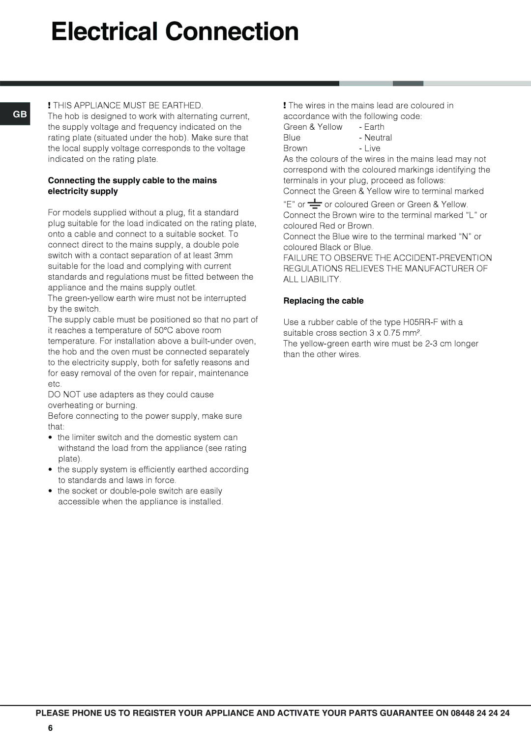 Hotpoint KSG641X Electrical Connection, Connecting the supply cable to the mains, Electricity supply, Replacing the cable 