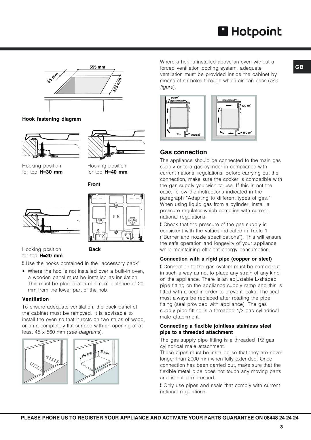 Hotpoint GF640W Gas connection, Hook fastening diagram, Front, Ventilation, Connection with a rigid pipe copper or steel 