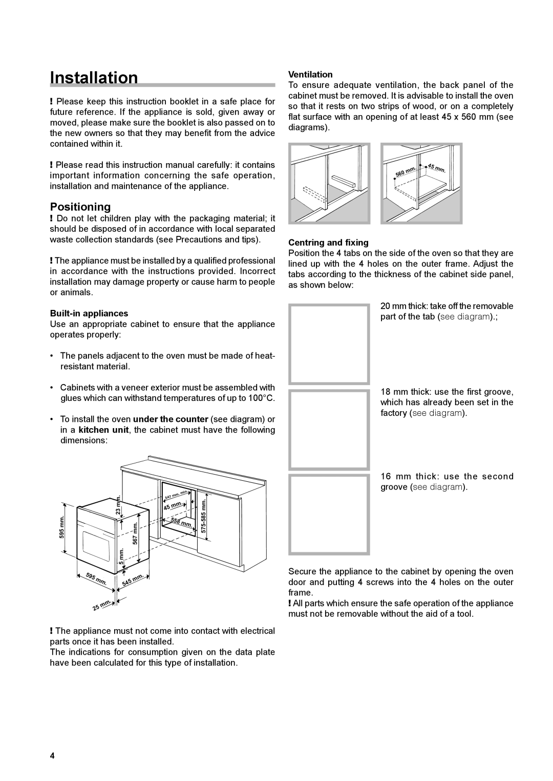 Hotpoint KSO89CX S manual GB Installation, Positioning, Built-in appliances, Ventilation, Centring and fixing 