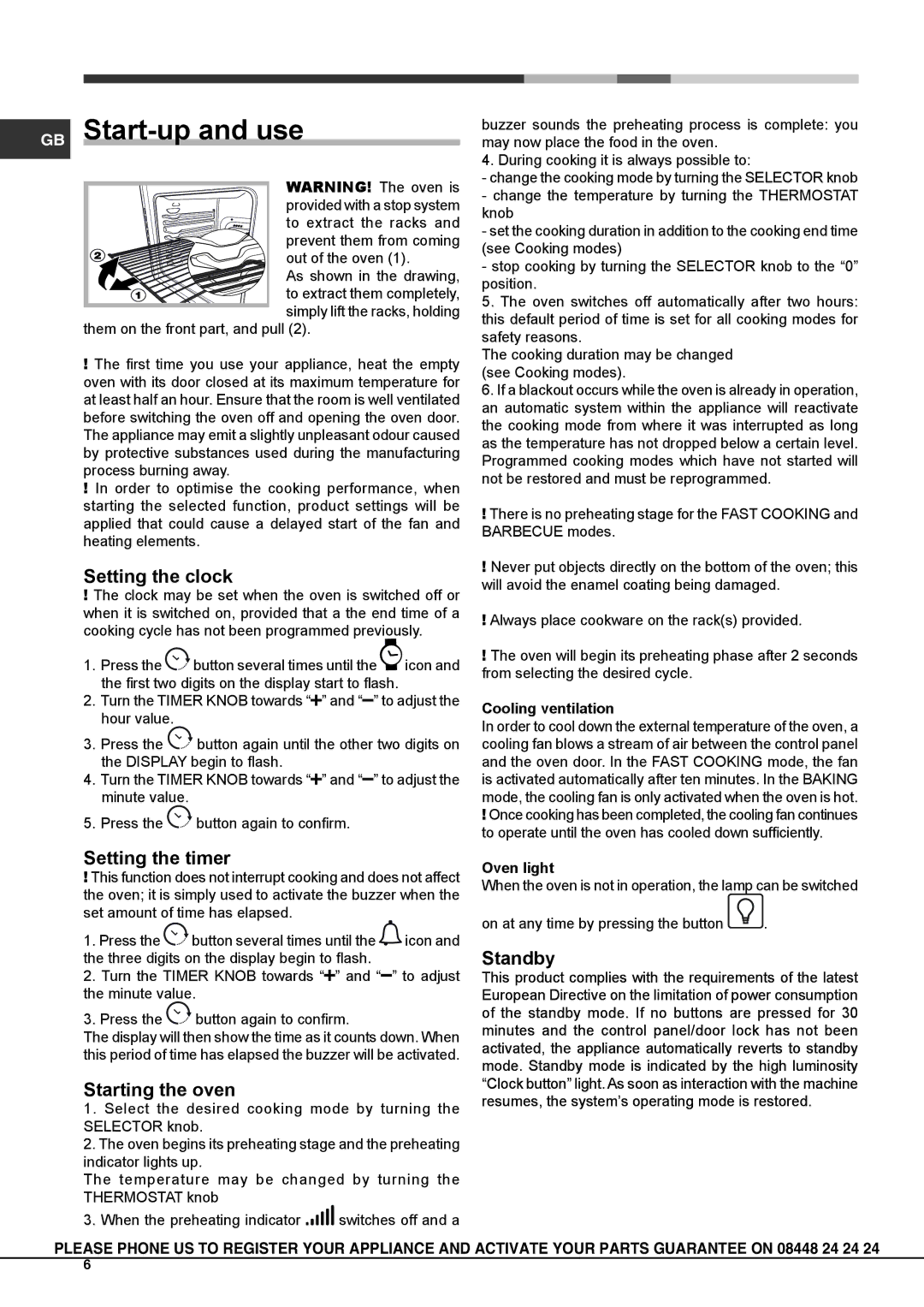 Hotpoint KSO89CX S manual GB Start-up and use, Setting the clock, Setting the timer, Starting the oven, Standby 