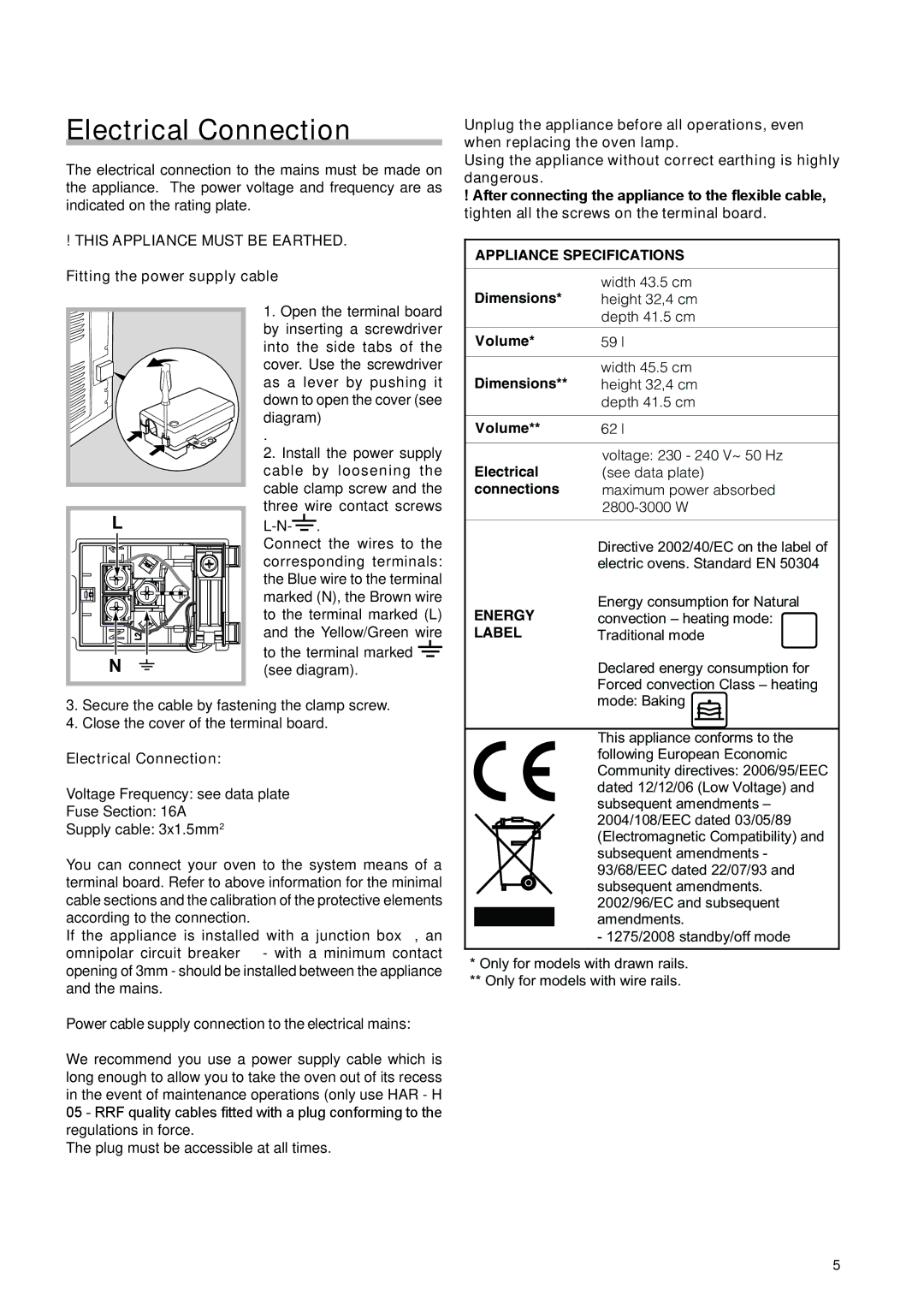 Hotpoint SH89PX S, KSOS 89 PX S manual Electrical Connection, To the terminal marked see diagram 