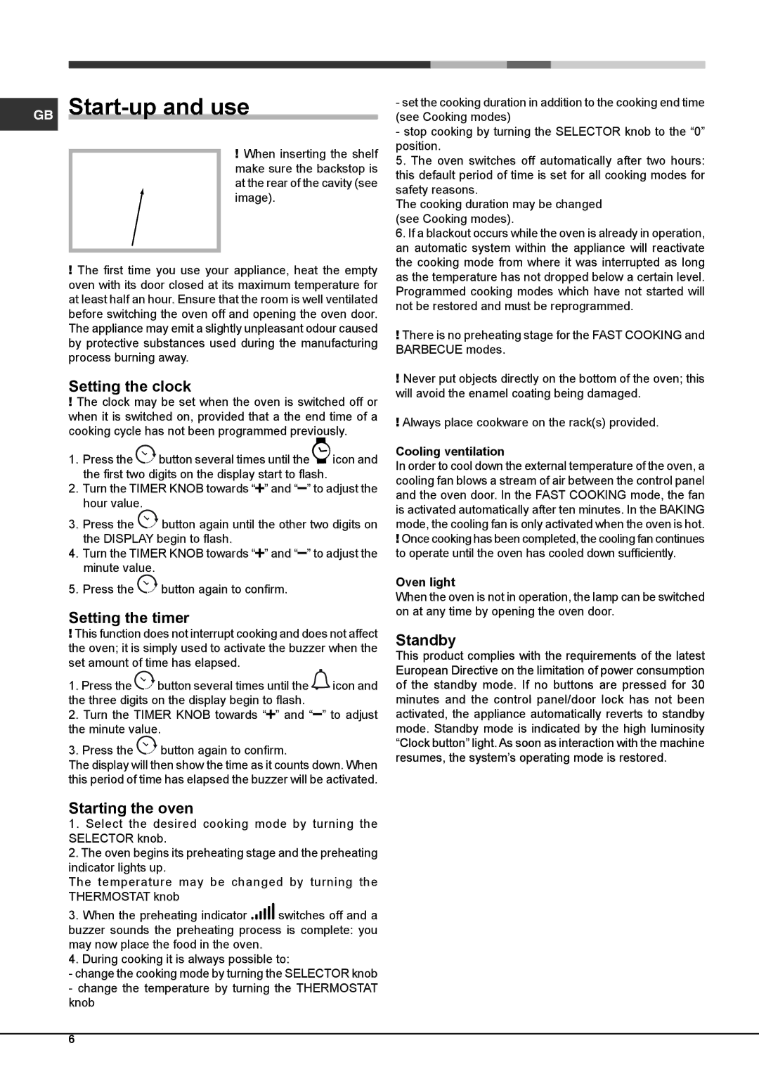 Hotpoint KSOS 89 PX S, SH89PX S manual GB Start-up and use, Setting the clock, Setting the timer, Standby, Starting the oven 