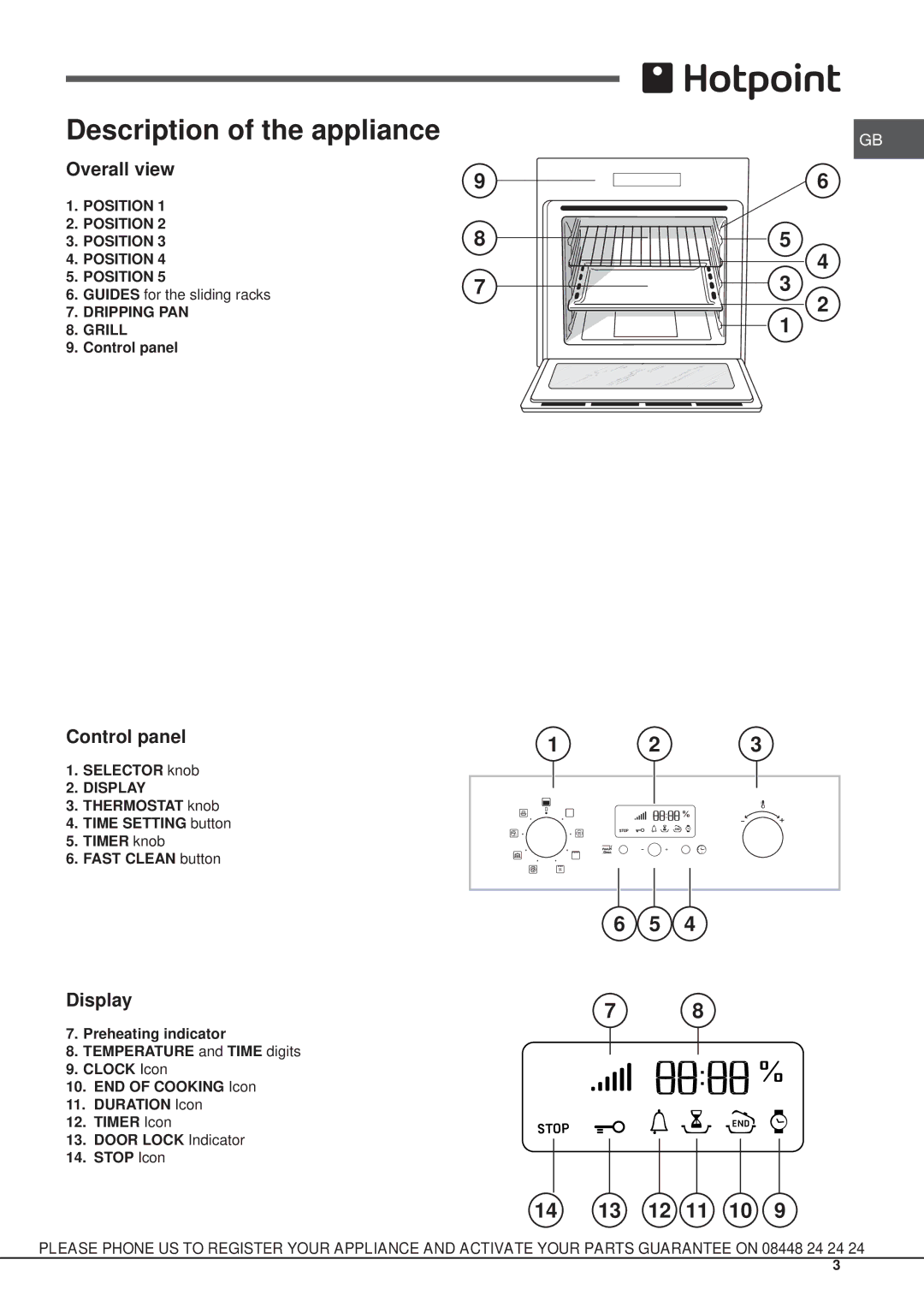 Hotpoint SH89PX S, KSOS 89 PX S manual Description of the appliance, Overall view, Control panel, Display 