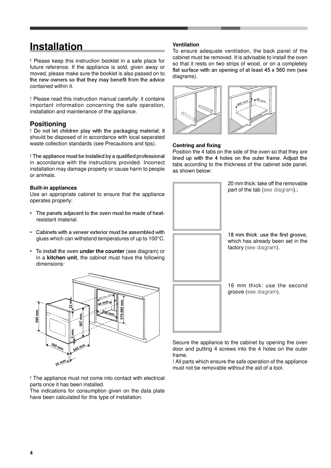 Hotpoint KSOS 89 PX S, SH89PX S manual GB Installation, Positioning, Built-in appliances, Ventilation, Centring and fixing 