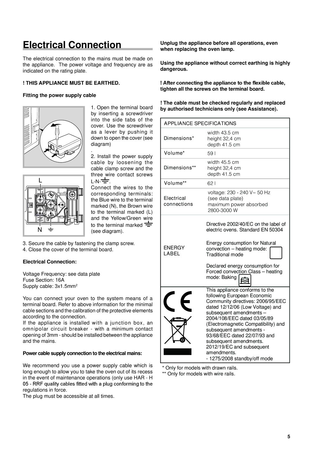 Hotpoint SH89PX S Electrical Connection, Tighten all the screws on the terminal board, To the terminal marked see diagram 